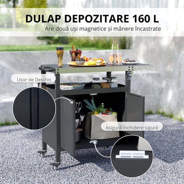 Outsunny Cărucior pentru Grătar cu Blat din Oțel Inoxidabil și Măsuță Laterală Pliabilă, 116x50x93 cm, Negru | Aosom Romania