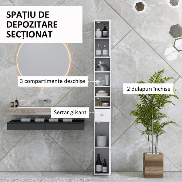 HOMCOM Dulap Înalt de Baie cu 2 Compartimente, 3 Rafturi Deschise și Sertar, 20x20x178 cm, Alb | Aosom Romania