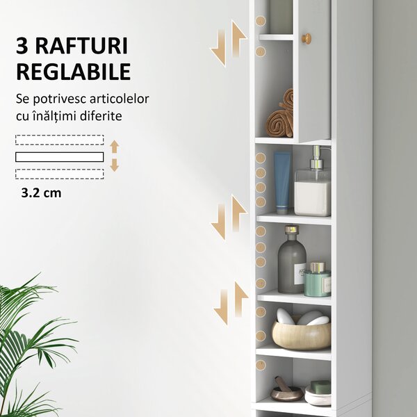 HOMCOM Dulap Înalt de Baie cu 2 Compartimente, 3 Rafturi Deschise și Sertar, 20x20x178 cm, Alb | Aosom Romania