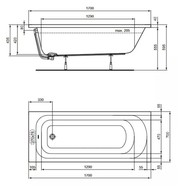 Cada dreptunghiulara, Ideal Standard, Simplicity 170x70 cm