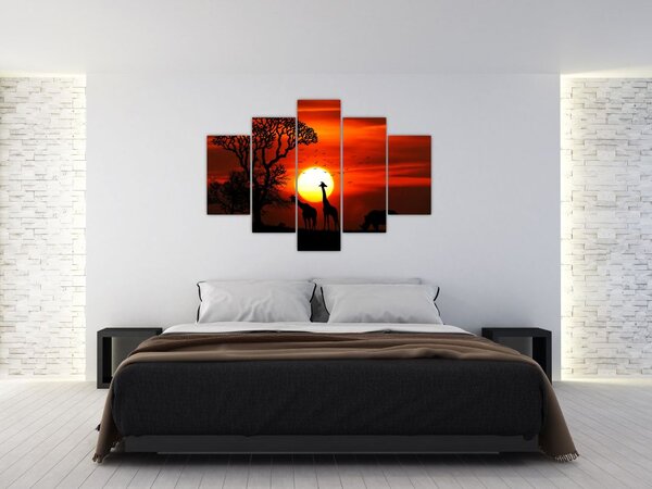 Tablou - Siluete animalelor la apus de soare (150x105 cm)