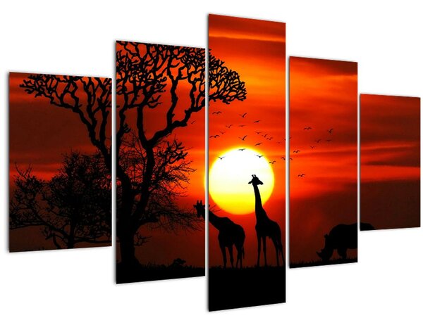 Tablou - Siluete animalelor la apus de soare (150x105 cm)