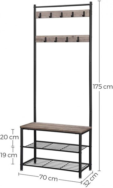 Cuier cu bancuta si suport pantofi Model Spears, Bej/Negru, 70x32.5x175 cm