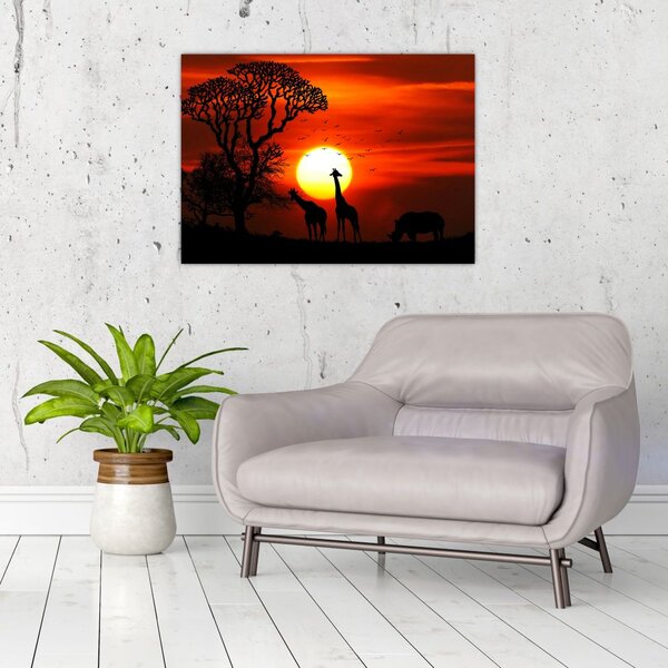 Tablou - Siluete animalelor la apus de soare (70x50 cm)