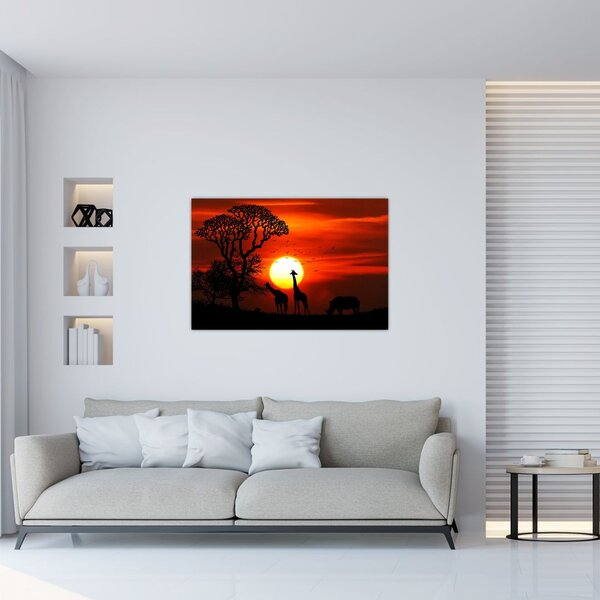 Tablou - Siluete animalelor la apus de soare (90x60 cm)