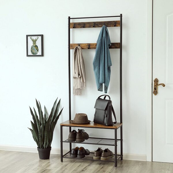 Cuier cu bancuta si suport pantofi Model Wu, Maro Rustic/Negru, 70x32.5x175 cm
