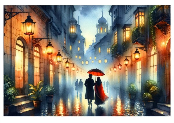 Tablou plimbare romantică prin oraș ploios