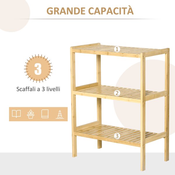 Raft Multifuncțional HOMCOM din Bambus cu 3 Nivele, Design Natural, 62x33x80 cm, Culoare Lemn | Aosom Romania
