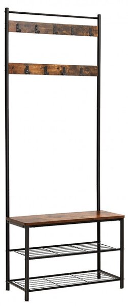 Cuier cu bancuta si suport pantofi Model Wu, Maro Rustic/Negru, 70x32.5x175 cm