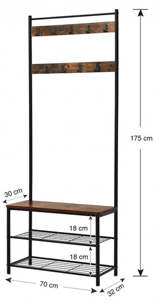 Cuier cu bancuta si suport pantofi Model Wu, Maro Rustic/Negru, 70x32.5x175 cm