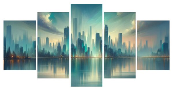 Tablou oraș futurist pe malul râului