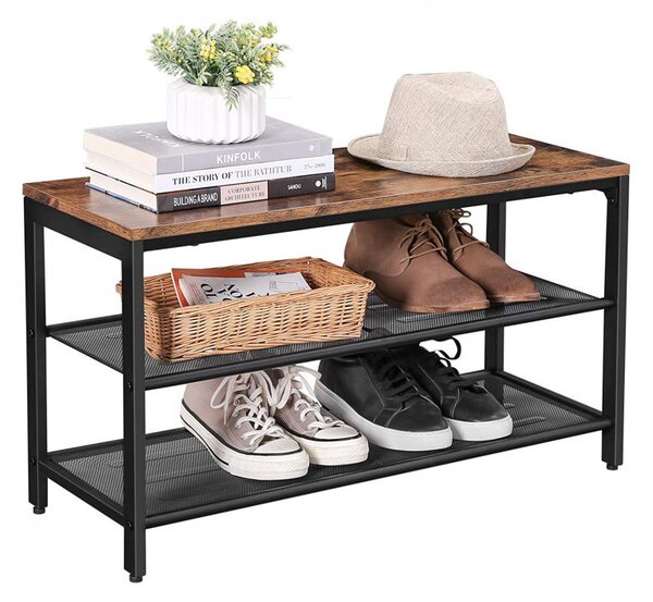 Banca Pantofi Model Hadley, Maro rustic / Negru, 80x30x44.5 cm