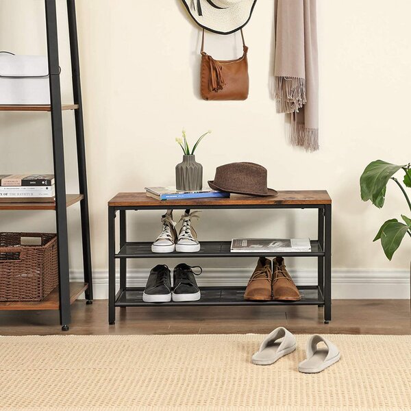 Banca Pantofi Model Hadley, Maro rustic / Negru, 80x30x44.5 cm