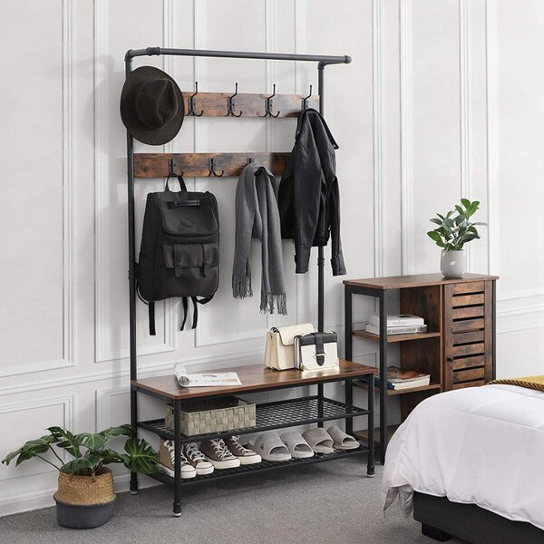 Cuier cu bancuta si suport pantofi Model Davila, Maro Rustic/Negru, 97x41.5x182 cm