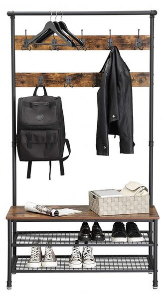 Cuier cu bancuta si suport pantofi Model Davila, Maro Rustic/Negru, 97x41.5x182 cm