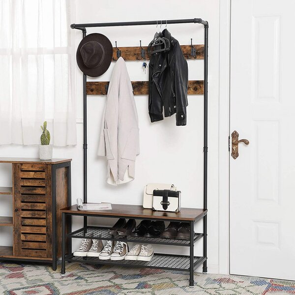 Cuier cu bancuta si suport pantofi Model Davila, Maro Rustic/Negru, 97x41.5x182 cm
