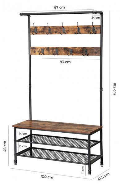 Cuier cu bancuta si suport pantofi Model Davila, Maro Rustic/Negru, 97x41.5x182 cm