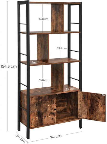 Biblioteca Vasagle, Model Armando, 74x30x154,5 cm, Maro Rustic/Negru