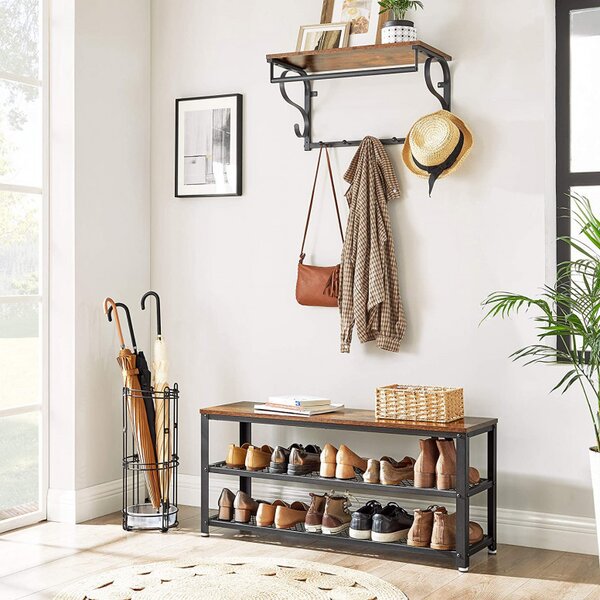 Bancheta cu suport pantofi Model Selene, Maro rustic/Negru, 100x30x45 cm