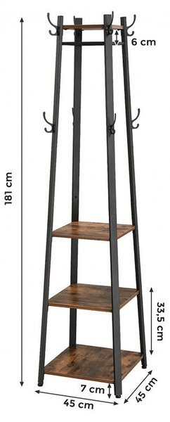 Cuier tip pom cu rafturi Model Good, Maro Rustic/Negru, 43x43x180 cm