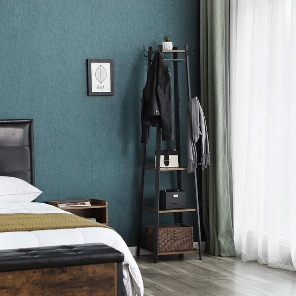 Cuier tip pom cu rafturi Model Good, Maro Rustic/Negru, 43x43x180 cm