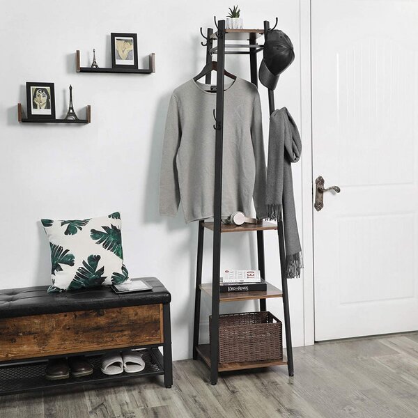 Cuier tip pom cu rafturi Model Good, Maro Rustic/Negru, 43x43x180 cm