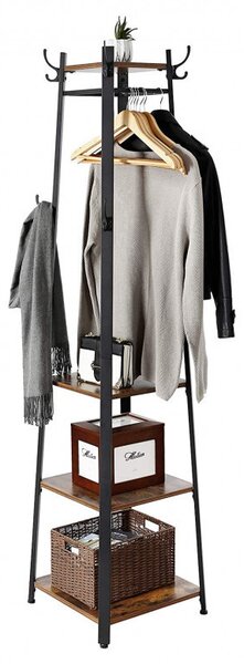 Cuier tip pom cu rafturi Model Good, Maro Rustic/Negru, 43x43x180 cm