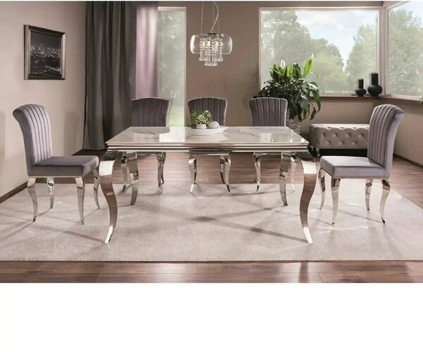 Masa PRINCE, alb cu efect de marmura/crom, ceramica/metal, 150x90x75 c