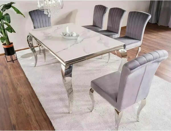 Masa PRINCE, alb cu efect de marmura/crom, ceramica/metal, 150x90x75 c