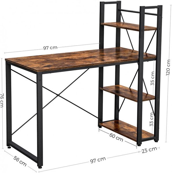 Birou cu Biblioteca Vasagle, model Rebecca, 120x60x119.3 cm, Maro Rustic/Negru