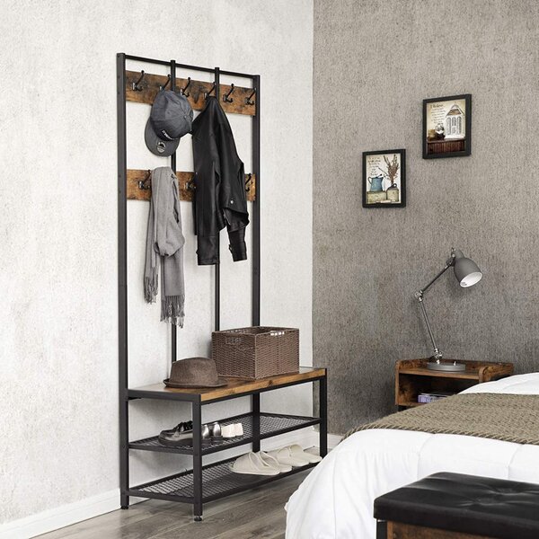 Cuier cu bancuta si suport pantofi Model Carr, Maro Rustic/Negru, 100x40x184 cm