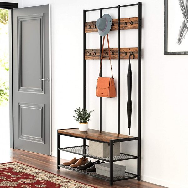 Cuier cu bancuta si suport pantofi Model Carr, Maro Rustic/Negru, 100x40x184 cm