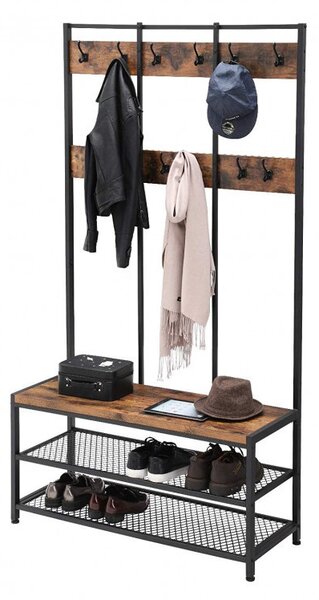 Cuier cu bancuta si suport pantofi Model Carr, Maro Rustic/Negru, 100x40x184 cm