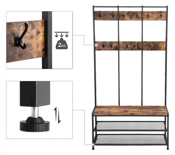 Cuier cu bancuta si suport pantofi Model Carr, Maro Rustic/Negru, 100x40x184 cm