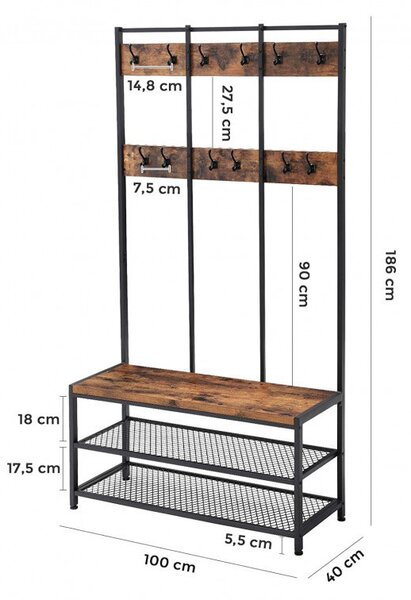 Cuier cu bancuta si suport pantofi Model Carr, Maro Rustic/Negru, 100x40x184 cm