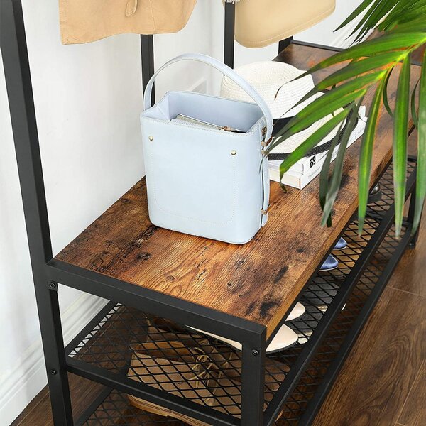 Cuier cu bancuta si suport pantofi Model Carr, Maro Rustic/Negru, 100x40x184 cm