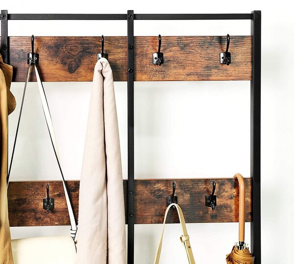 Cuier cu bancuta si suport pantofi Model Carr, Maro Rustic/Negru, 100x40x184 cm