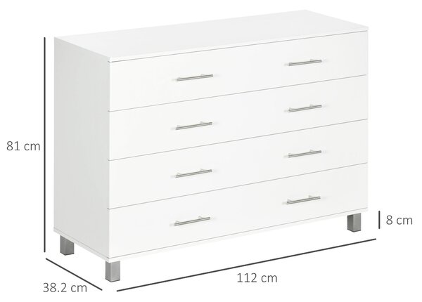HOMCOM Comodă cu 4 Sertare, Picioare și Mânere din Aliaj, 112x38,2x81 cm, Alb | Aosom Romania