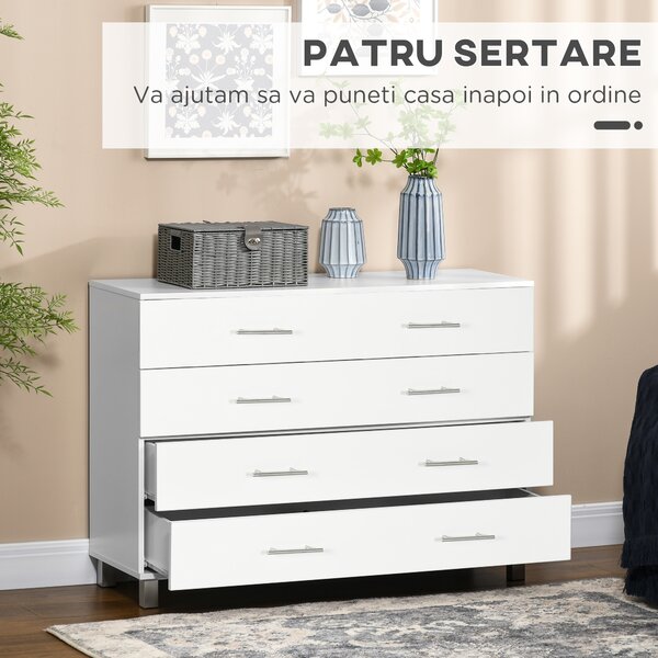 HOMCOM Comodă cu 4 Sertare, Picioare și Mânere din Aliaj, 112x38,2x81 cm, Alb | Aosom Romania