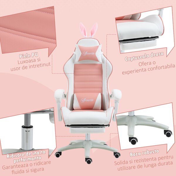 Vinsetto Scaun de Gaming Ergonomic cu Urechi de Iepure și Suport pentru Picioare Extensibil, 65x63x136-142 cm, Roz | Aosom Romania