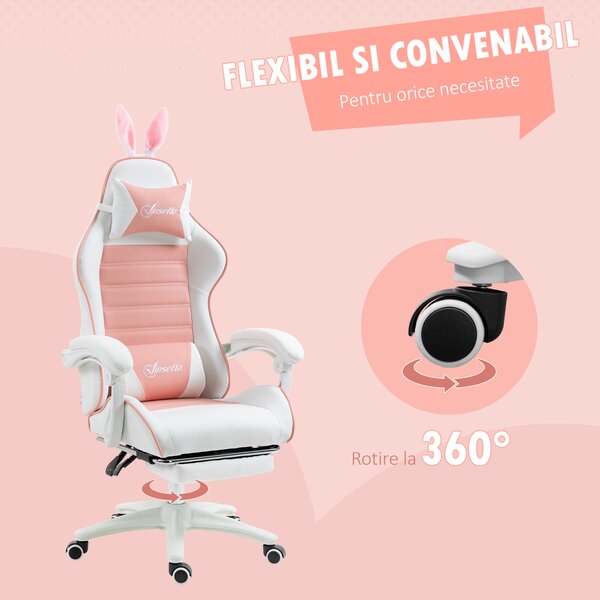 Vinsetto Scaun de Gaming Ergonomic cu Urechi de Iepure și Suport pentru Picioare Extensibil, 65x63x136-142 cm, Roz | Aosom Romania