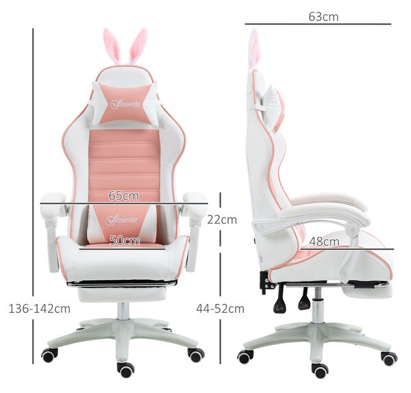Vinsetto Scaun de Gaming Ergonomic cu Urechi de Iepure și Suport pentru Picioare Extensibil, 65x63x136-142 cm, Roz | Aosom Romania