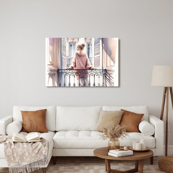 Tablou fată în pulover roz pe balcon