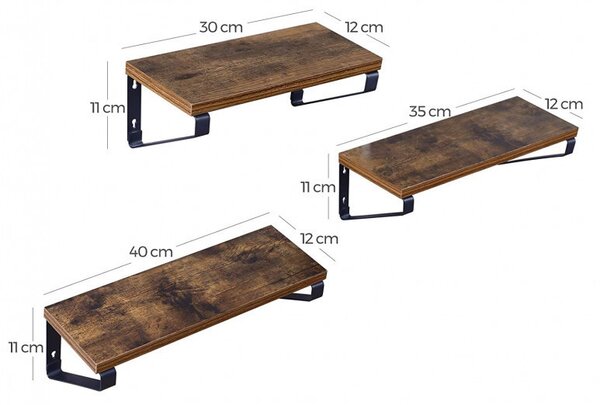 Set 3 Rafturi/Polițe de Perete Rustic Maro Jayla – Lemn Decorativ 30 cm | 35 cm | 40 cm pentru Living, Bucătărie & Dormitor