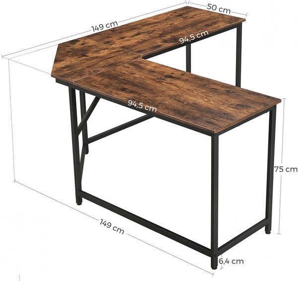 Birou pe Colt Vasagle, model Donald, 149x75x149 cm, Maro Rustic/Negru