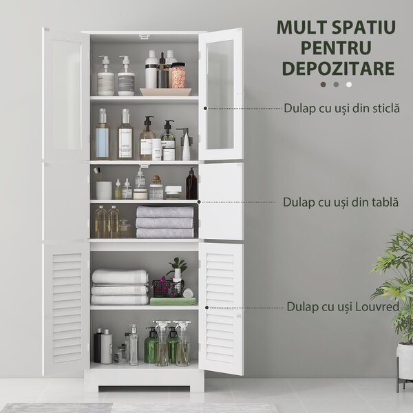 HOMCOM Dulap pentru Baie cu 3 Uși Duble din Lemn 60x30x170.5 cm, Alb | Aosom Romania