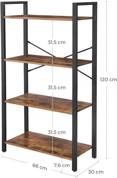 Raft cu 4 Polițe Model Dominik, Maro rustic/Negru, 66x30x120 cm