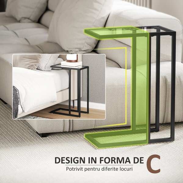 HOMCOM Măsuță de Cafea în Formă de C din Sticlă și Oțel, 46x25x63.5 cm, Negru | Aosom Romania