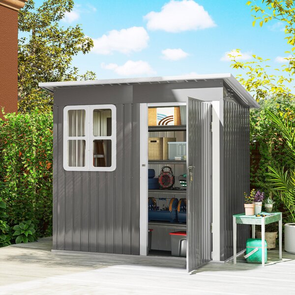 Outsunny magazie grădină căsuță de grădină pentru unelte cu ușă largă și fereastră, 221x133x190 cm gri închis | Aosom Romania