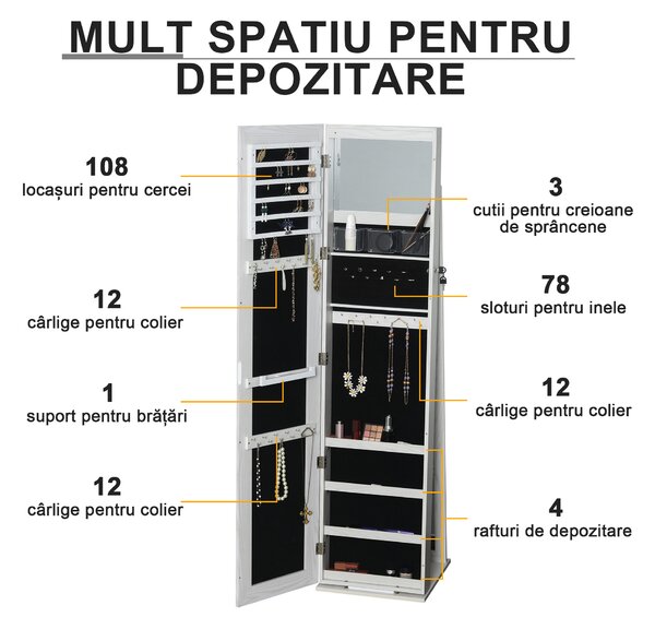 HOMCOM Dulap Bijuterii LED Alb cu Cheie | Aosom Romania